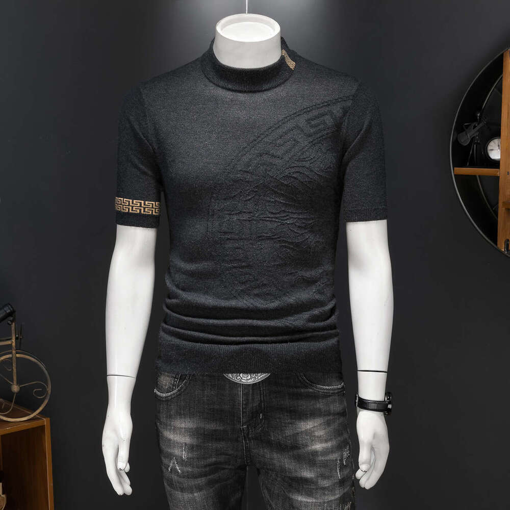 New Arrivals Autumn Winter Men's Wool Sweater Round Neck Half Embroidered Knitwear Base Shirt Youth Short Sleeve Men