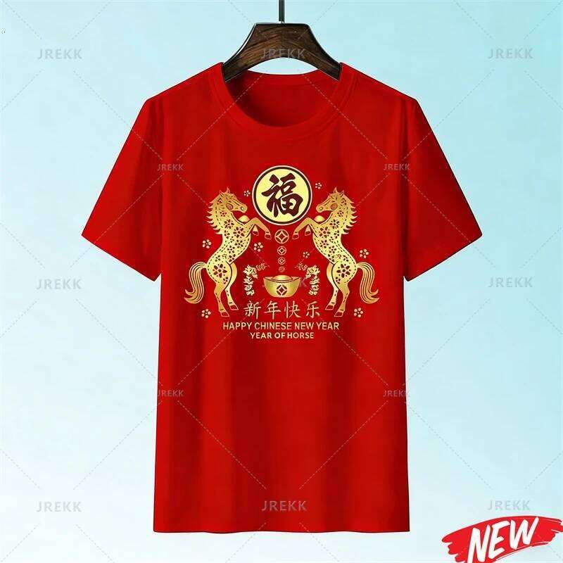 Red Color Chinese Horse T shirt For Men Women Happy New Year Round Neck Tee Shirts Polyester Family Short Sleeves luanyun
