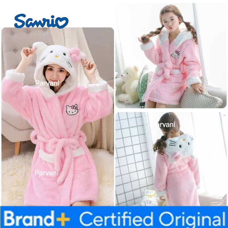 Sanrio Hello Kitty Pokemon Pikachu Pajamas Girls Night-Robe Children's Autumn Winter Hooded Thick Bathrobe Matching Outfit Clothes Top H260130