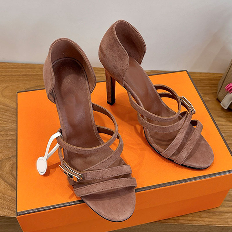 Womens suede goatskin Lipstick 105 sandals Elegant lady wedding party High heel sandal classic mini version iconic interlaced silhouette sexy Stiletto Heel