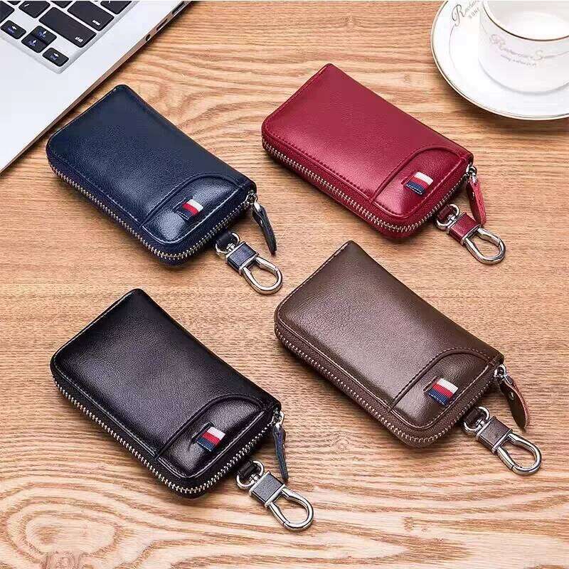 Cowhide Car Key Bag with Waist Hanging Keychain Men and Women Card Holder Smart Housekeeper Keys Portable Storage Zipper Pouch Z260130