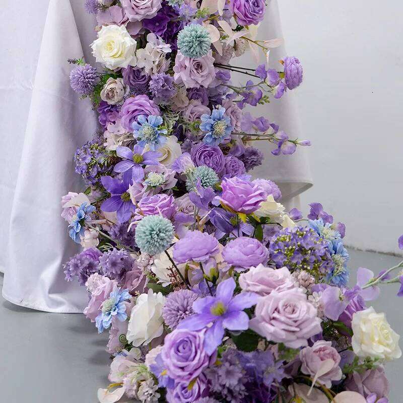 Purple Flower Arrangement Wedding Table Decor Floral Runner Artificial Flowers Row Event Party Backdrop Prop Window Display prop W260130