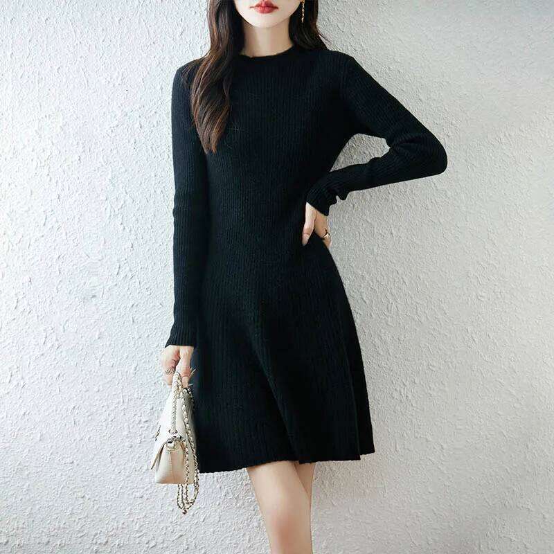 Yoyoselect 100% Merino Wool Women's O Neck Mini Length Autumn Winter A Line Slim and Flare Thickened Soft Warm Dress XJ260130