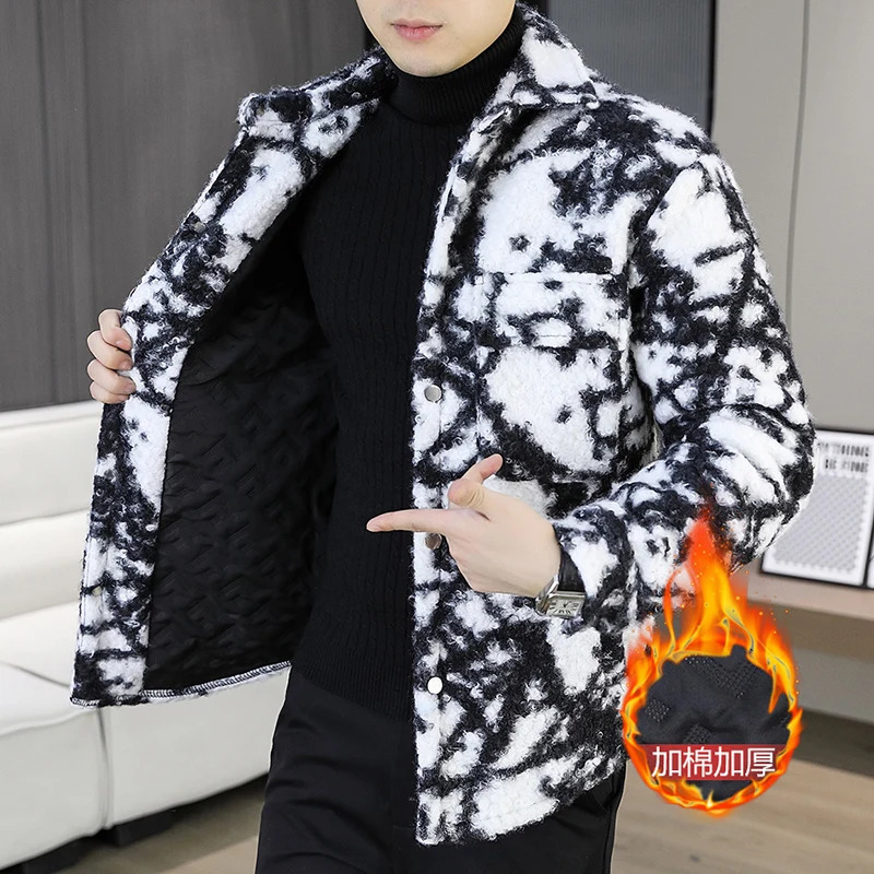 winter Jacquard Woolen Jacket for Men Fashion lapel Casual Short Trench Coat Thickened Warm Streetwear Overcoat 260122