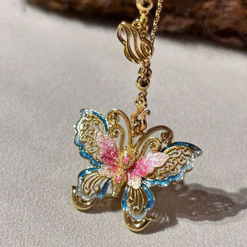 Beautiful Retro Enamel Gradient Hollow out Flower Colorful Butterfly Necklace Exquisite Luxury Pendant Hanfu Jewelry