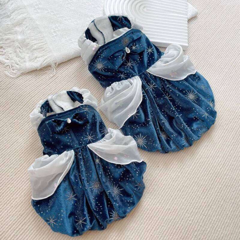 Ins Deep Blue Starry Autumn/Winter Warm Cat Clothes Velvet Princess Thick Dog Skirt Puppy Dresses Pet Clothing H260129
