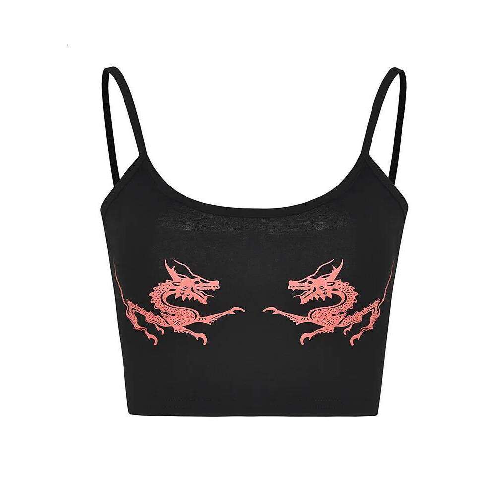 Fashion 2026 Women Casual Dragon Pattern Crop Tops Summer Cropped Sexy Tight Attractive Fitness Polyester U Neck Fashion Sleeveless Straps Designer