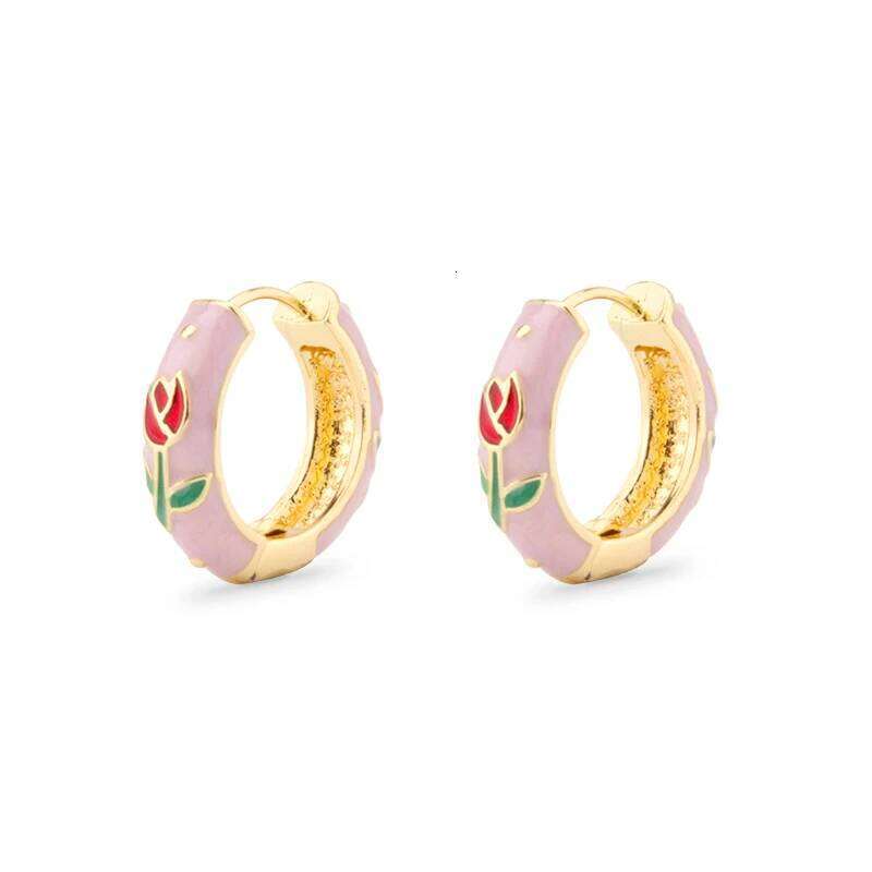 Round Hoop Enamel Cloisonne Woman Flower Pink Bohemian Chinese Women's Earrings Ladies Gifts Vaction Beach