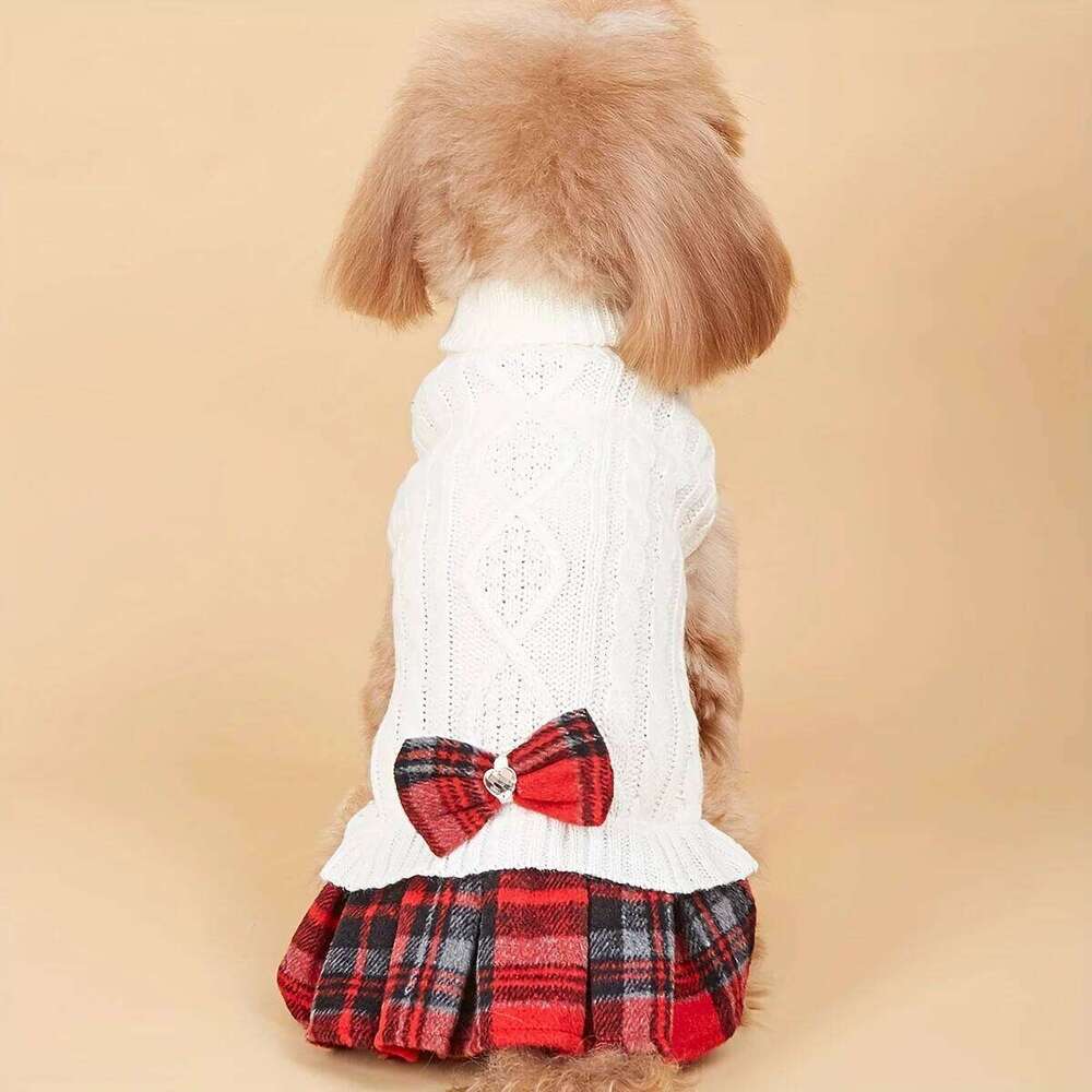 Small Dogs with Bowtie Turtleneck Knitted Dress Pet Dog Winter Clothes Warm Sweater for Yorkies Chihua H260129