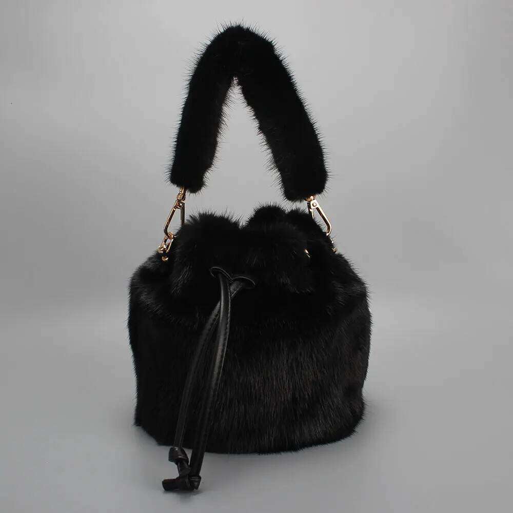 Real Mink Fur For Women Winter Luxury Handbags Crossbody Evening Bags Ladies Fluffy Bucket Bag
