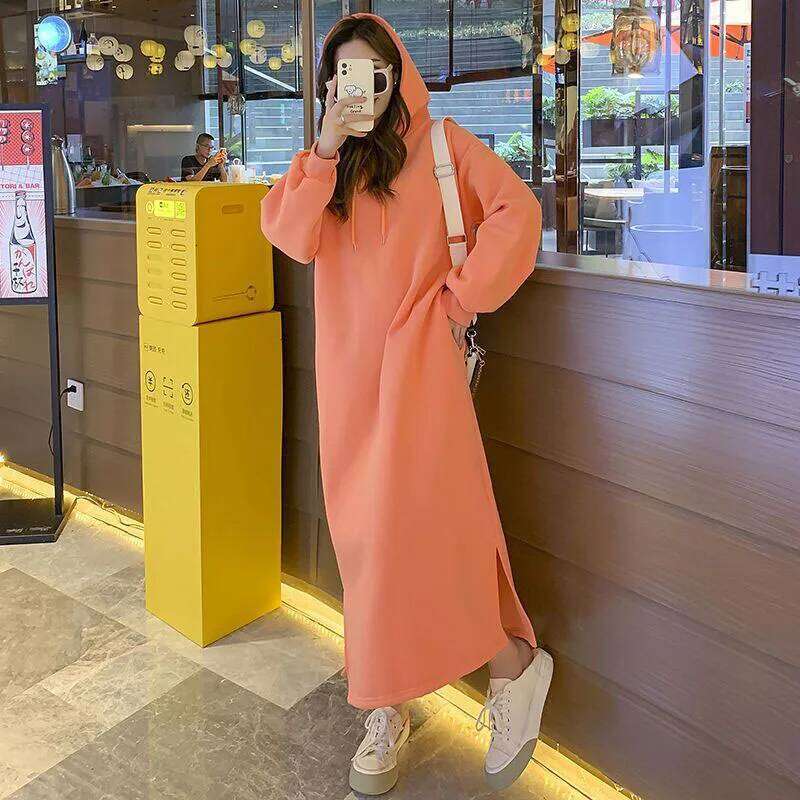 Korean Fashion Dresses Autumn Winter New Women Solid Hooded Plus Velvet Long Sleeve Loose Ankle-Length A-line Sweatshirt Dress XJ260130