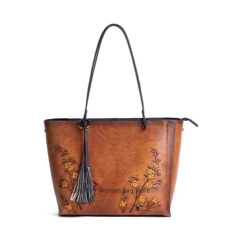 Vintage D Floral Embroidery Designer Large Capacity Women S Tote Bag Premium Cowhide Leather Luxury Handbags For KABAHEBINGJUE