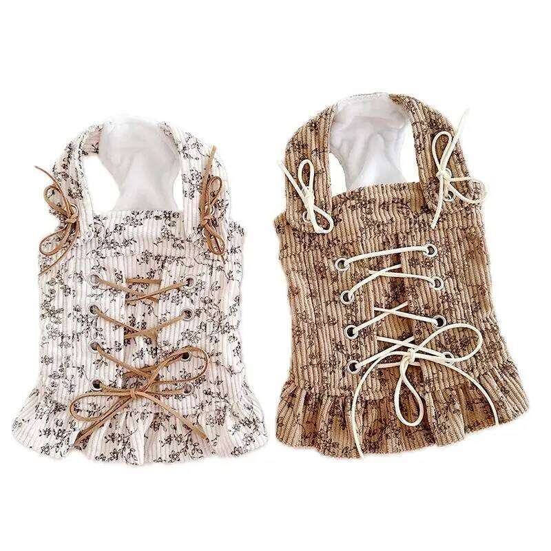 Retro Khaki Beige Princess For Small Medium Plush Cotton Bandage Strap Dress Puppy Dog Overalls Chihuahua Pet Clothes H260129