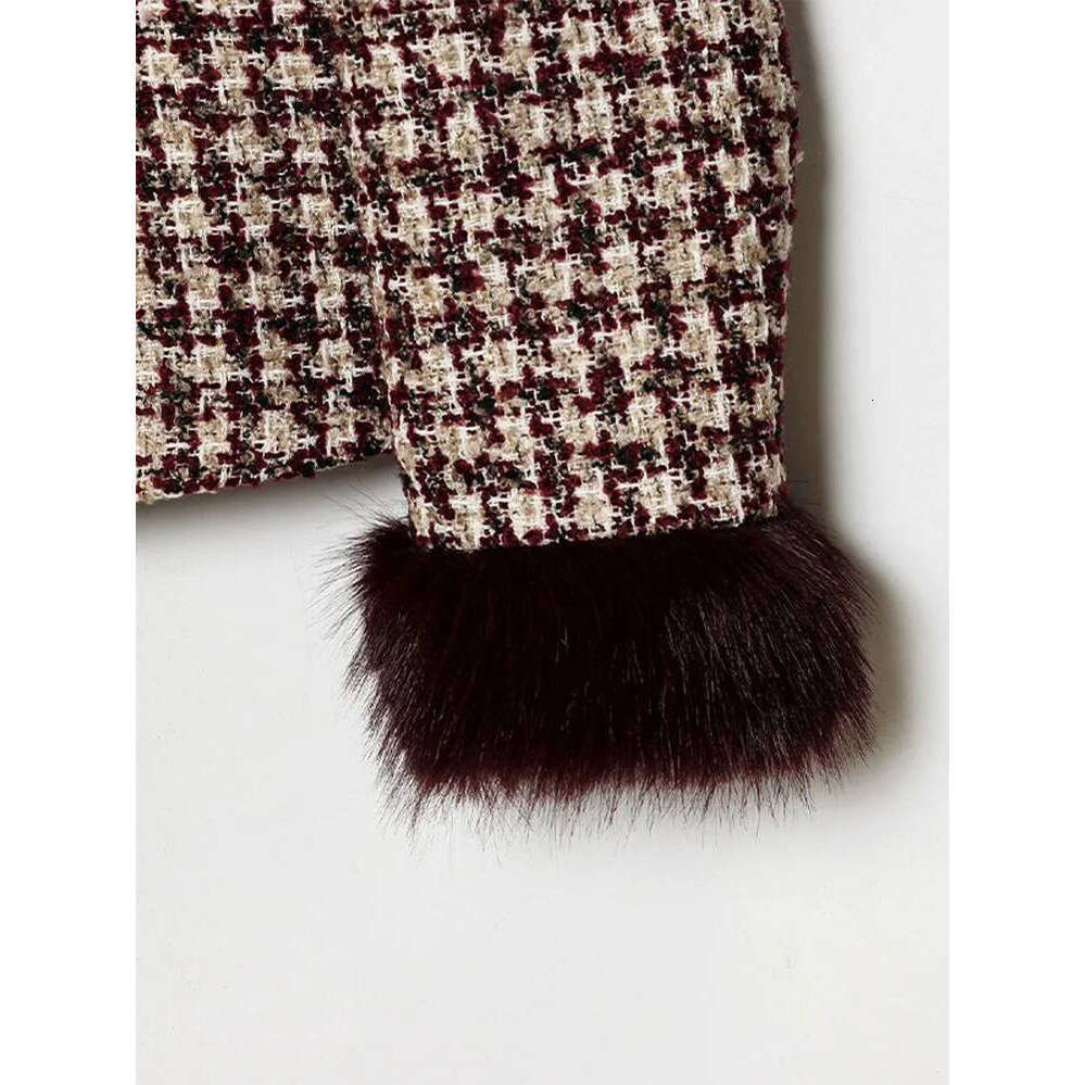 ZHE HAN Fashion Women Stand Collar Tweed Jacket Elegant Long Sleeve Faux Fur Cuffs Coat 2026 Spring New Single Breasted Outerwear Street