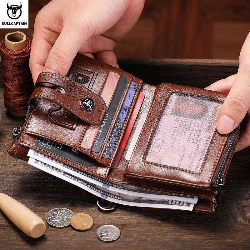 BULLCAPTAIN Men's Genuine Leather Business Retro Snap Wallet Multifunctional RFID Anti-Theft Zipper Multi-Card Coin Purse Z260130