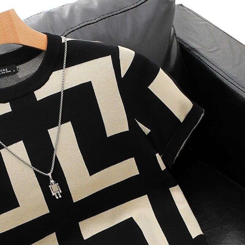 Men's Pullover Short Sweater Autumn Winter New Thickened Round Neck Sleeve Knitted Striped Jacquard Top