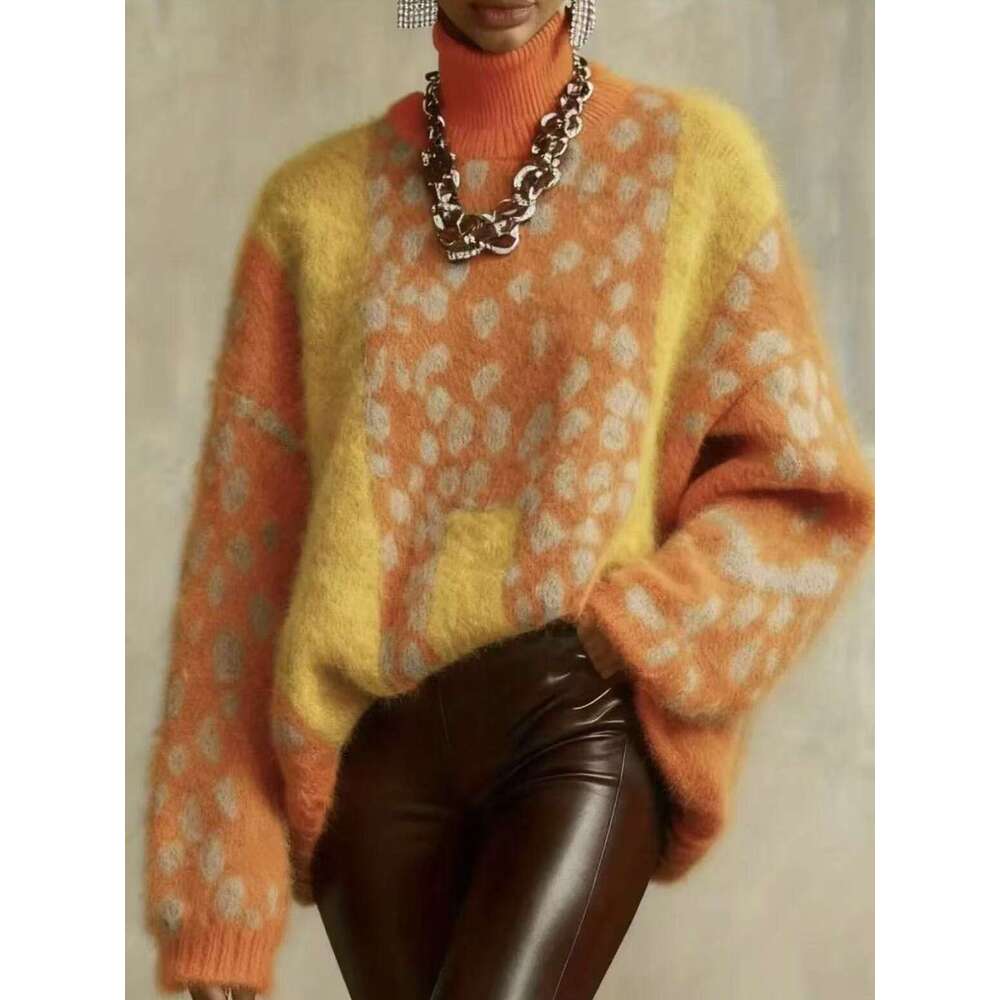 European American Cross-Border Lazy Style Leopard Print Knitted Sweater Women, Autumn and Winter Thickened Loose Vintage Patchwork Top for Women