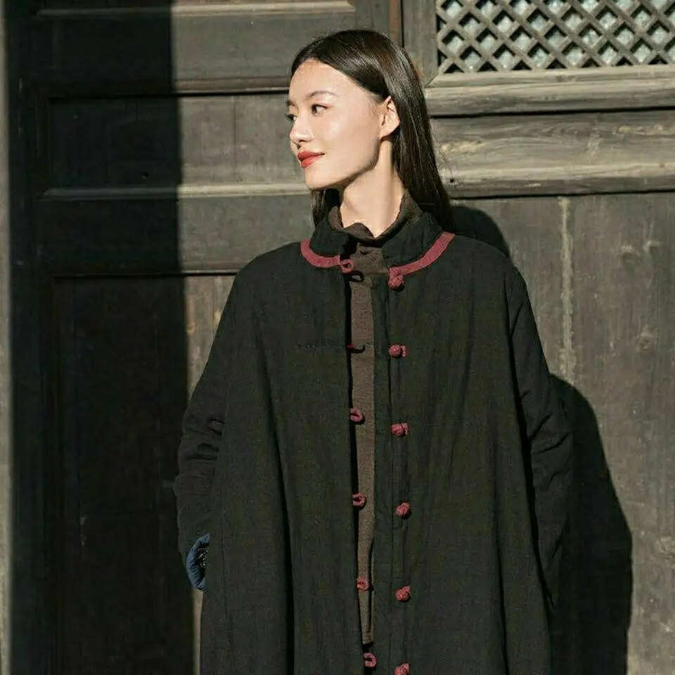 Mardi Hefxessdr winter new vintage stand collar chinese style pan buckle long thicked jacket cotton linen loose padded coat s