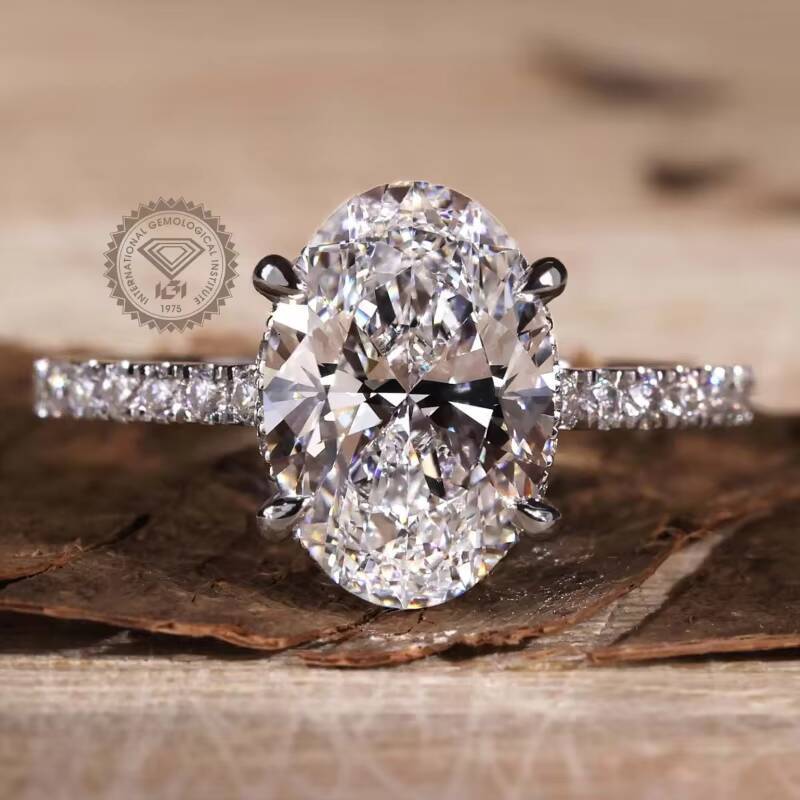 IGI Certified Engagement Ring Jewelry 2CT D VS1 14k Solid Gold Oval Cut Lab Grown Diamond Ring 3 Sided Pave