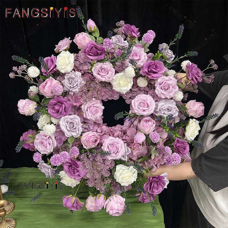 Purple Rose Artificial Flower Row runner NEW Luxury Wedding Table Centerpiece flower ball wreath Backdrop Decor Party Stage prop W260130