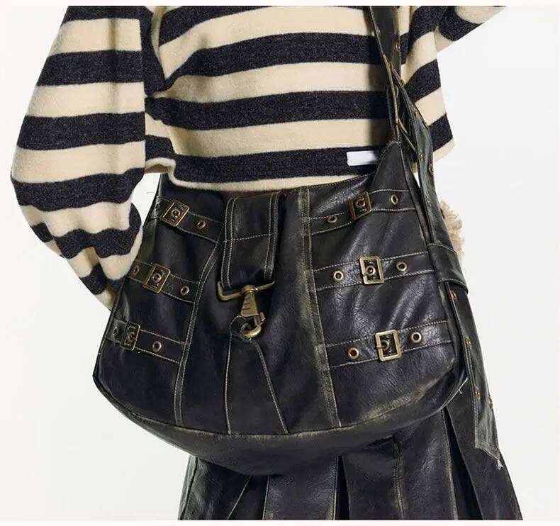 JIAERDI Vintage Rivet Black Handbag Women Y2k Grunge Leather Chic Large Capacity Tote Female Retro Casual Shoulder Bag Bolso
