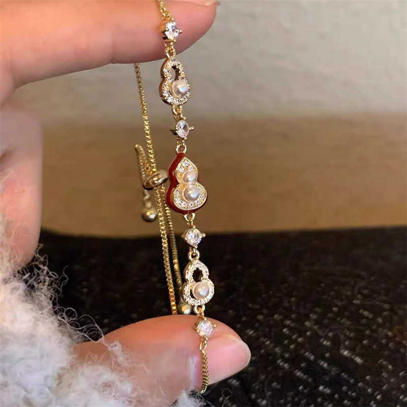 18K Real Gold Plated Zircon Pearl Gourd New Chinese Style Retro Bracelet Light Luxury High-End Jewelry