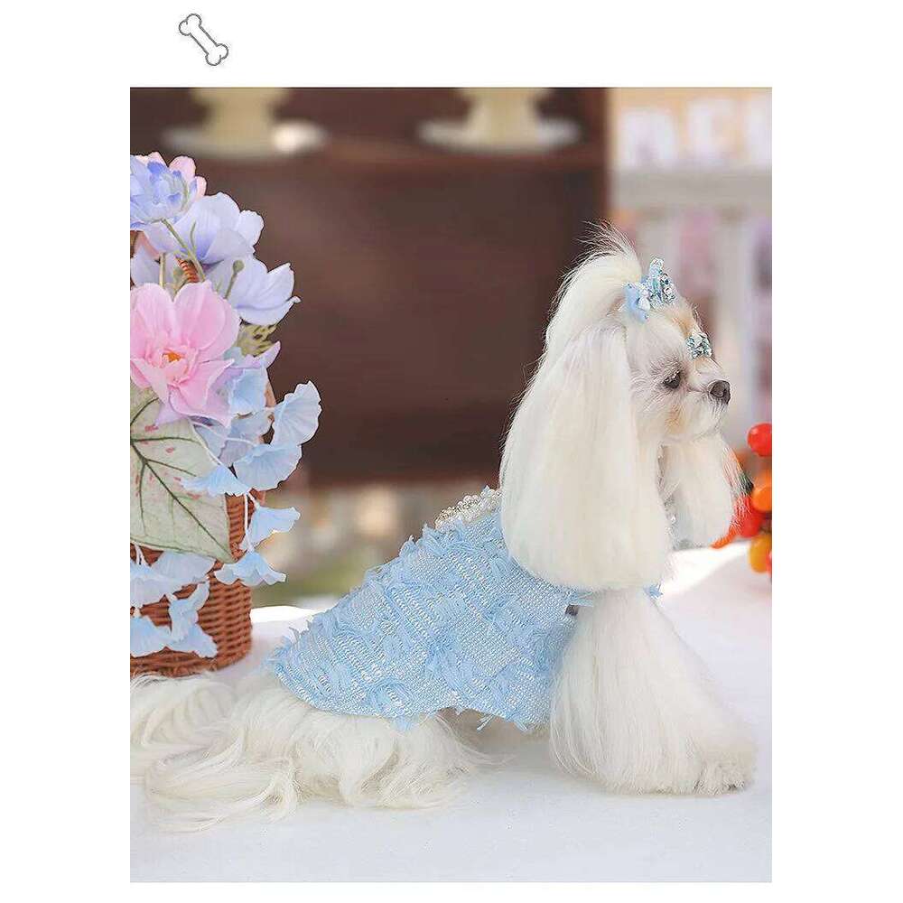 High-End Custom Blue Wool Pearl Collar Pet Dress For Small Dogs H260129