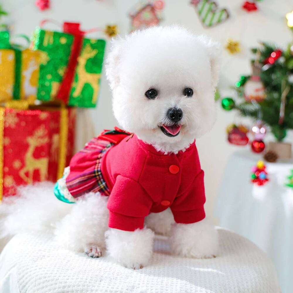 Pet Clothes Snowflake Elk Dress Red Winter Thickened Clothing Christmas Costume with Bow Decoration H260129