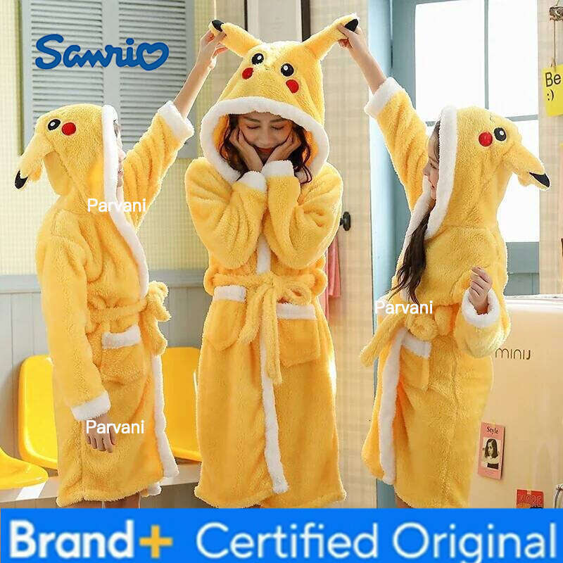 Sanrio Hello Kitty Pokemon Pikachu Pajamas Girls Night-Robe Children's Autumn Winter Hooded Thick Bathrobe Matching Outfit Clothes Top H260130
