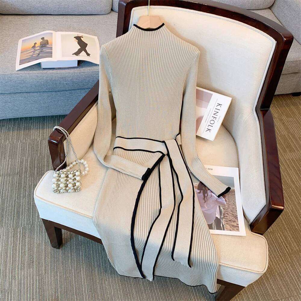 YuooMuoo Brand Fashion Lace-up Knitted Women 2025 Autumn Winter Elegant Bodycon Long Sweater Dress Office Lady Vestidos XJ260130
