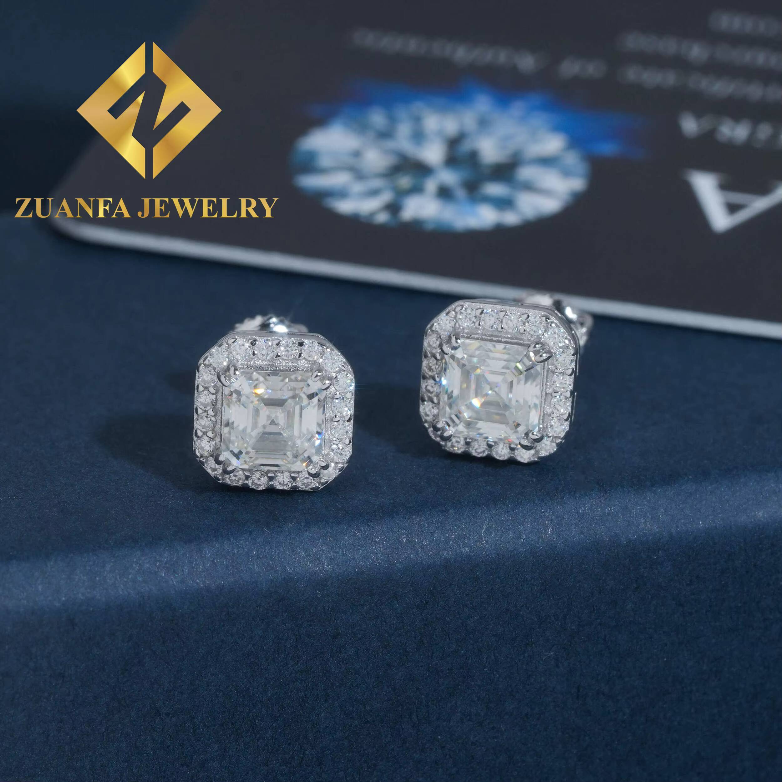 Wholesale Price GRA Certificates Square Halo Stud Earring Hip Hop 925 Sterling Silver Moissanite Luxury Stud Earring