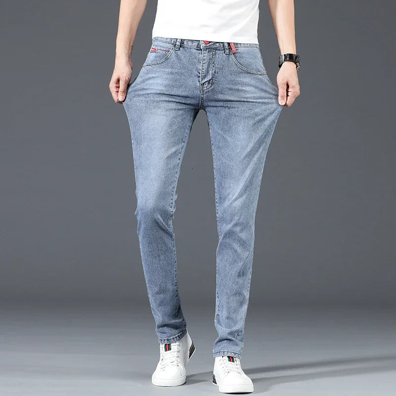 Mens Cotton Business Casual Skinny Jeans Trendy Fashionable Stretch Straight Slim Denim Trousers Male Blue Grey 260127