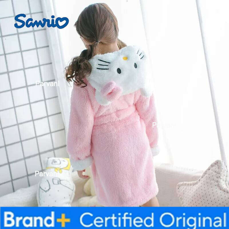 Sanrio Y2K Kawaii Hello Kitty Pajamas Girls Nightgown Children's Autumn and Winter Hooded Bathrobe Casual Tops Home Clothing Set H260130