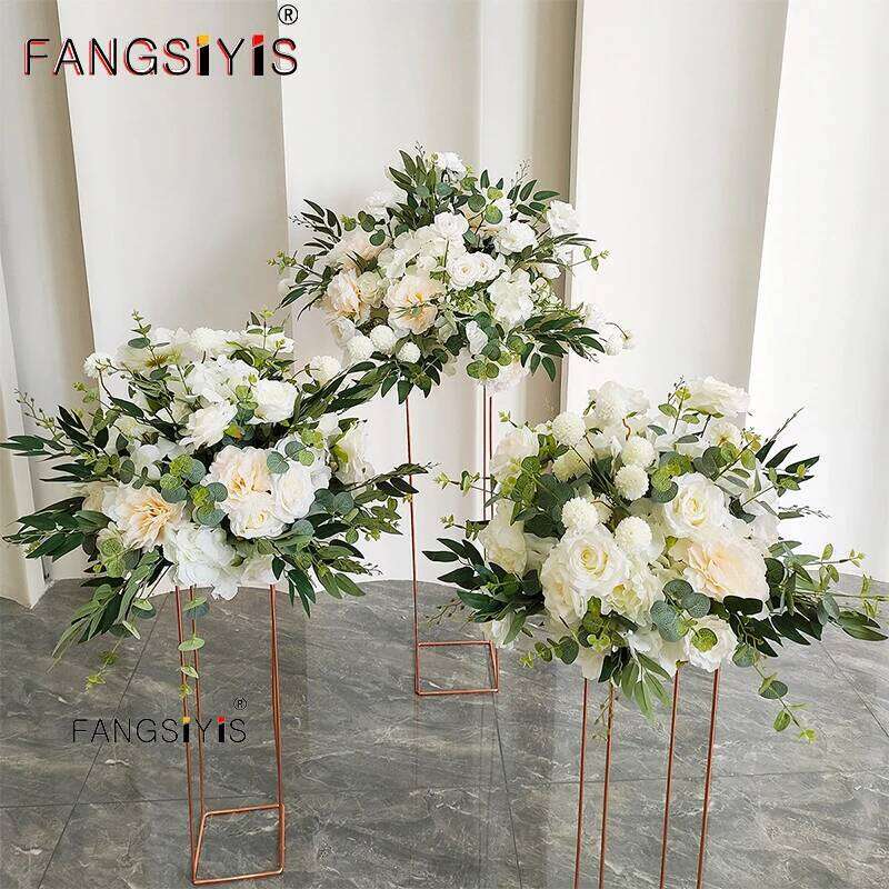 White Rose Green Willow Leaves Artificial Flower Ball Road Lead Floor Floral Wedding Welcome Sign Decor Hang Flowers Party Props W260130