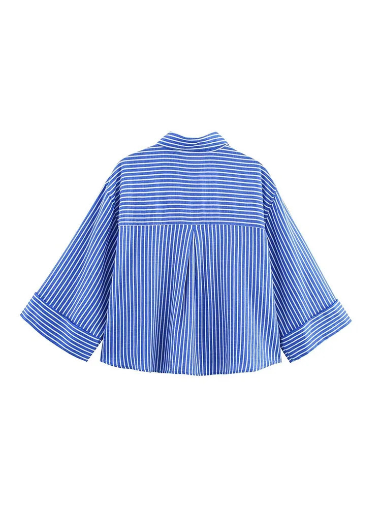 Women Summer Shirts Blouses Tops Casual Striped Linen Loose Pockets Female Elegant Street Short Top Clothing 260126