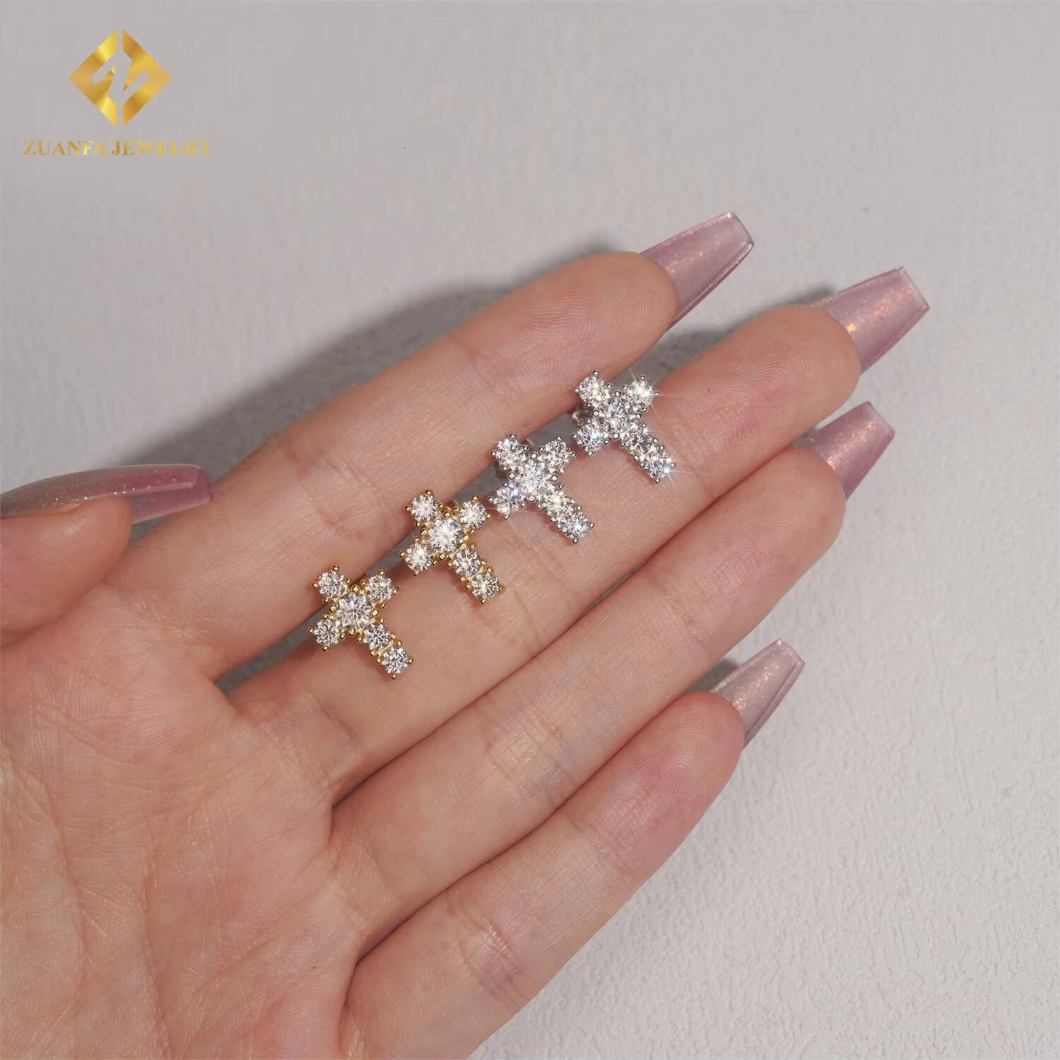 Bulk Drop Iced Out Hip Hop Cross Stud Earrings with Sterling Silver 925 Screw Backs and Moissanite Diamonds