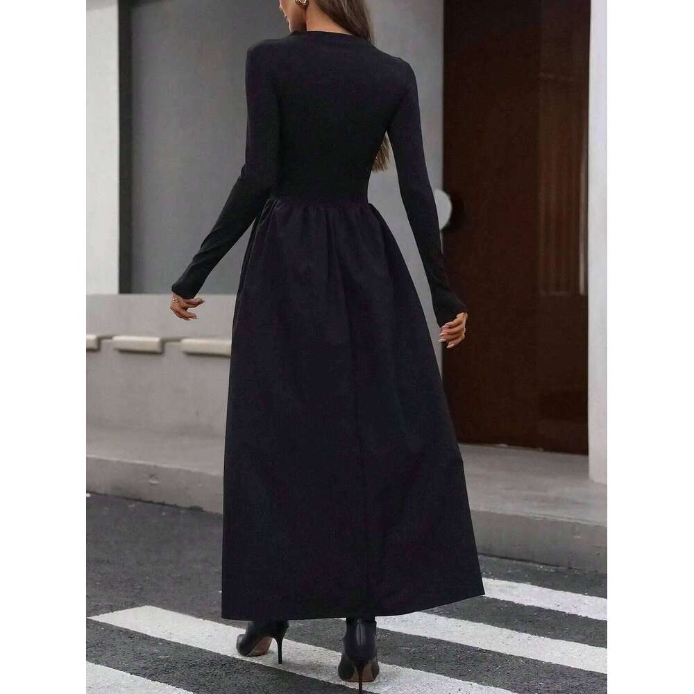 Women's Black Mock Neck Long Sleeve Maxi Dress High Waisted Flowy Skirt Slim Fit Elegant Casual Daily Office Date Wear XJ260130