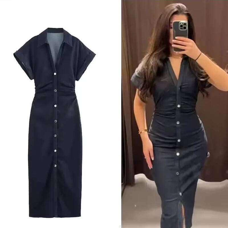 Denim Women's Spring Summer Casual Long Dresses For Women 2026 New Fashion Ruched Short Sleeve Streetwear Midi Dress XJ260130