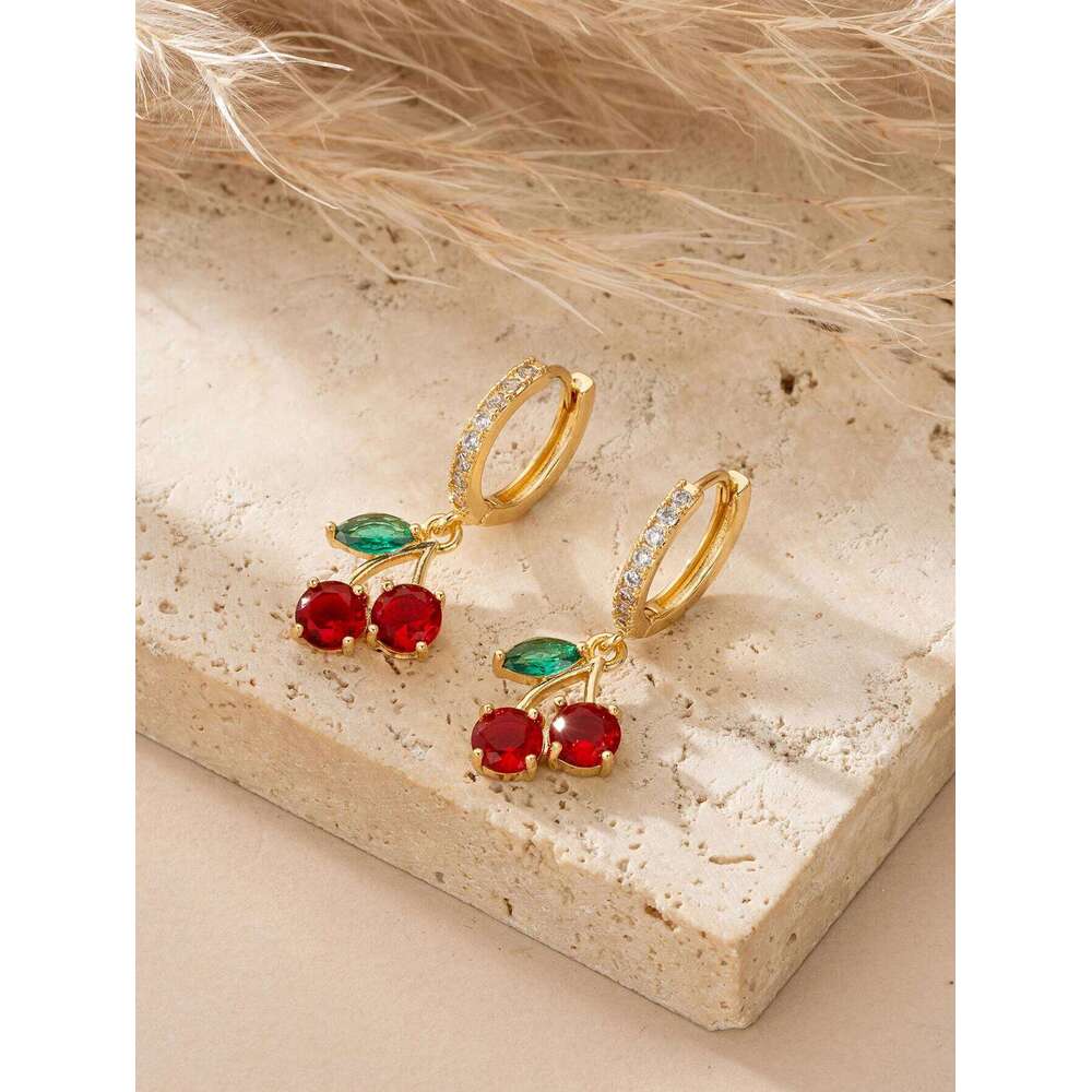 Cherry Huggie Earrings CZ Colored Gemstone Inlaid, Dainty Fruit - Shaped Jewelry for Women, Daily & Party Wear