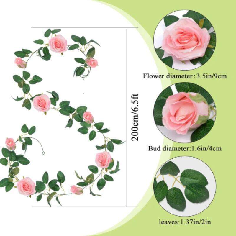 200CM 9heads Artificial Pink Rose Vine Wreath Fake Flowers Hanging Silk Garland for Home Wedding Party Arched Wall Decorations W260130