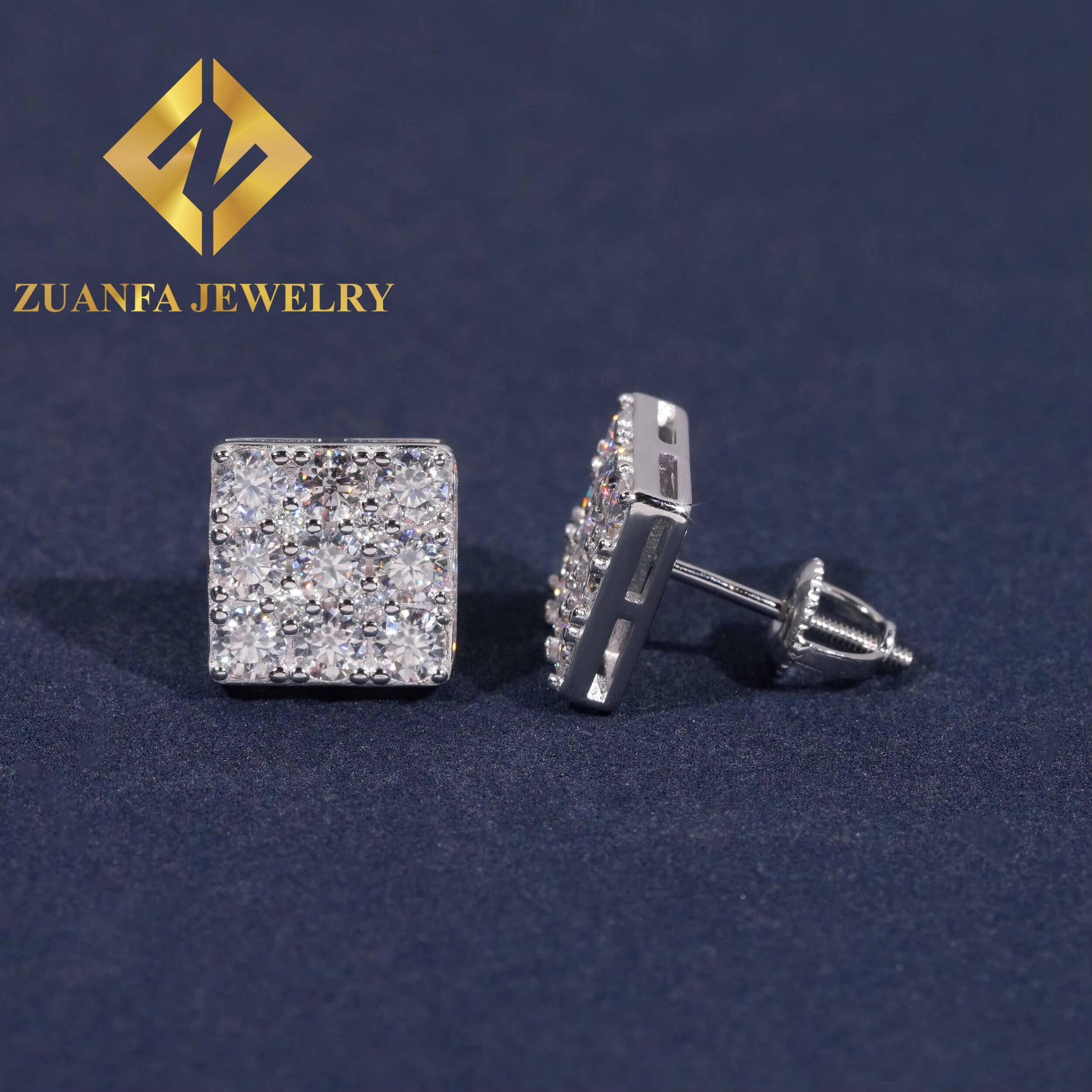 Wholesale Price Hip Hop Square Shape Stud Earring 925 Sterling Silver VVS Moissanite Stud Earring