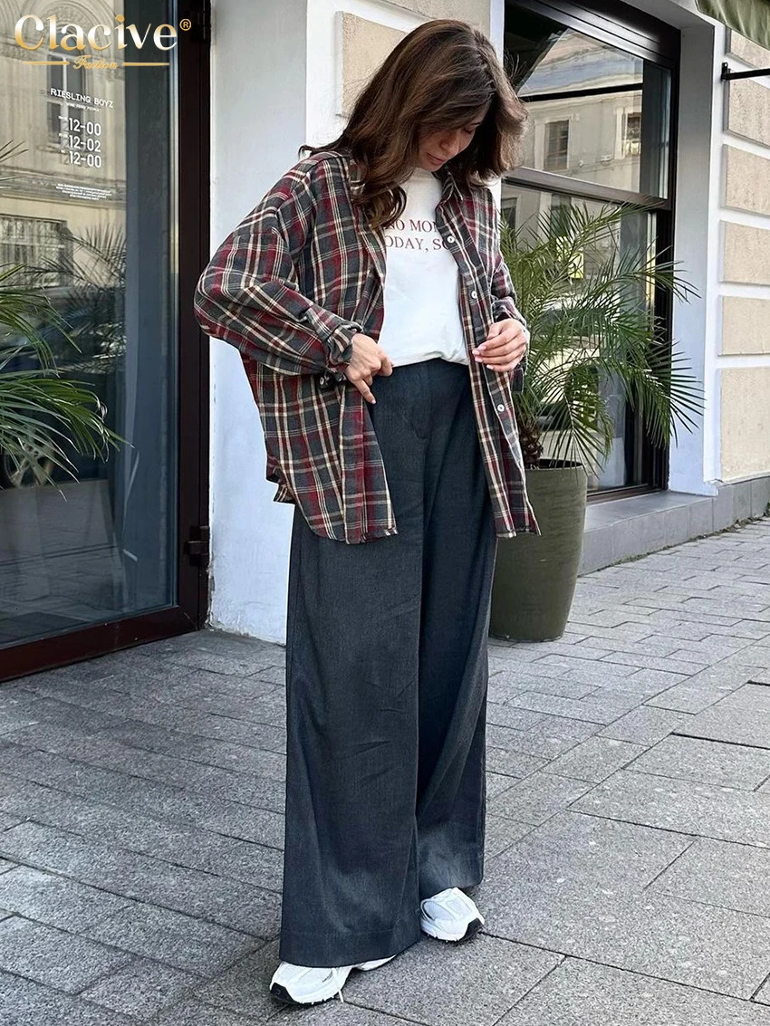 Clacive Fashion Loose Plaid Womens Shirt Vintage Lapel Long Sleeve Blouses Elegant Classic Blusas Top Female Clothing 260126