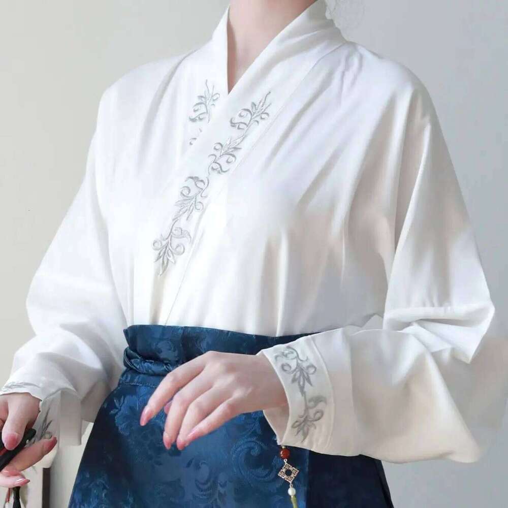 Vintage Women Traditional Cardigan + Blue Pleated Mamian Chinese Hot Hanfu Shirt Horse Face Skirt Set