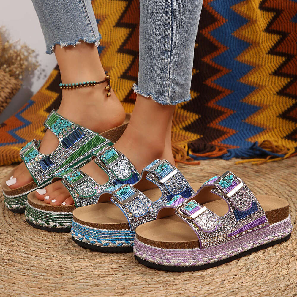 In Stock New Foreign Trade Hemp Rope Double Buckle Rhinestone Slippers for Women Summer Cork Thick Sole Beach Sandals Size 43