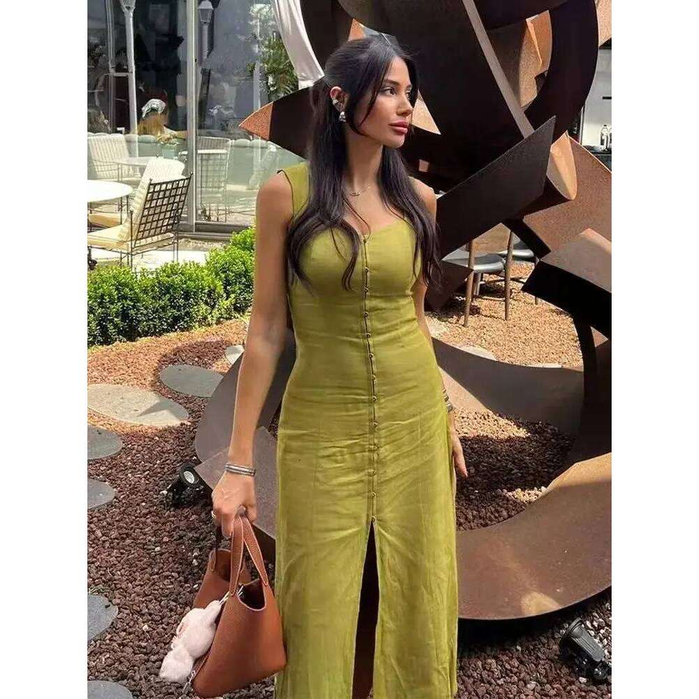 2025 Summer Elegant Women Fashion Solid Square Collar Sleeveless Single Breasted Dress Ladies Vacation Green Spilt Dresses XJ260130