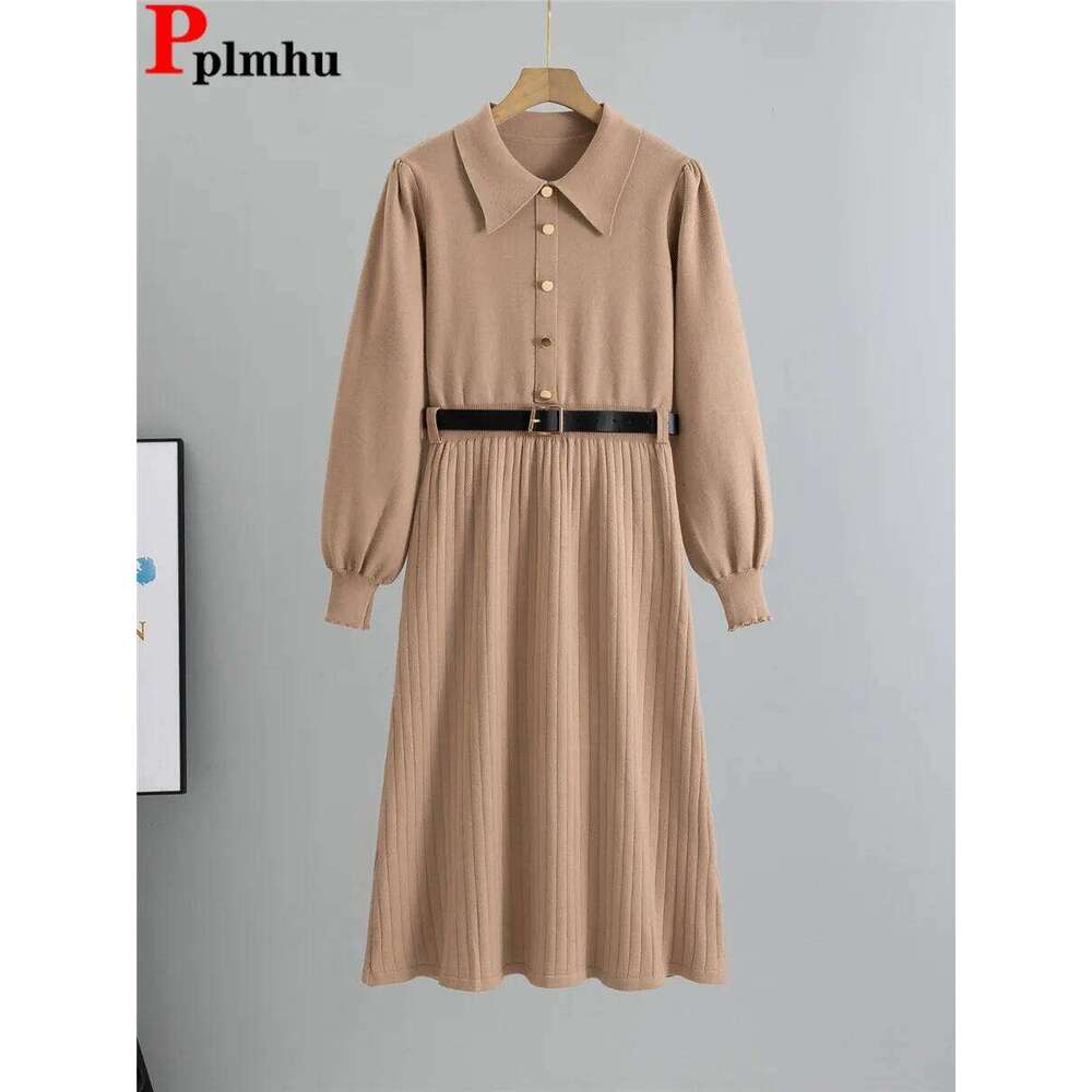 Elegant New Knit A-lined Slim Dress With Belt Korean Design Polo Neck Knitwears Solid Vestidos Fall Winter Long Sleeve Dresses XJ260130