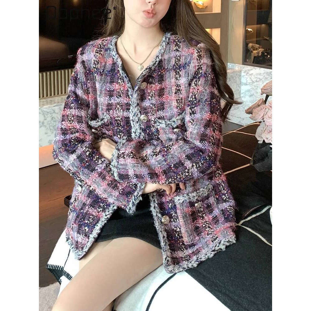 ZHE HAN Korean Ins Trend Single-Breasted Shiny Woolen Loose Short For Women French Style Elegant Socialite Plaid Tweed Coat Female