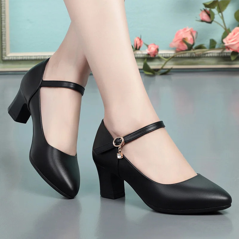 Women Fashion Sweet Red Comfort Buckle Strap Square Heel Pumps Lady Casual Black Pu Leather Office High Heel Shoes Spring Autumn 260123