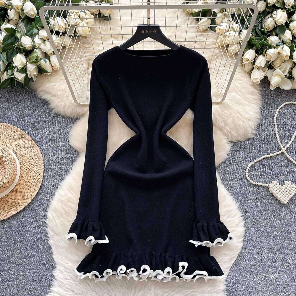 YuooMuoo Chic Fashion Sexy Wrap Hips Knitted Mini Autumn Winter Long Sleeve Ruffled Bodycon Party Dress Streetwear Outfits XJ260130