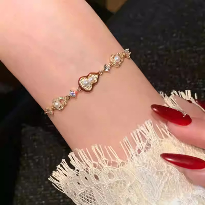18K Real Gold Plated Zircon Pearl Gourd New Chinese Style Retro Bracelet Light Luxury High-End Jewelry